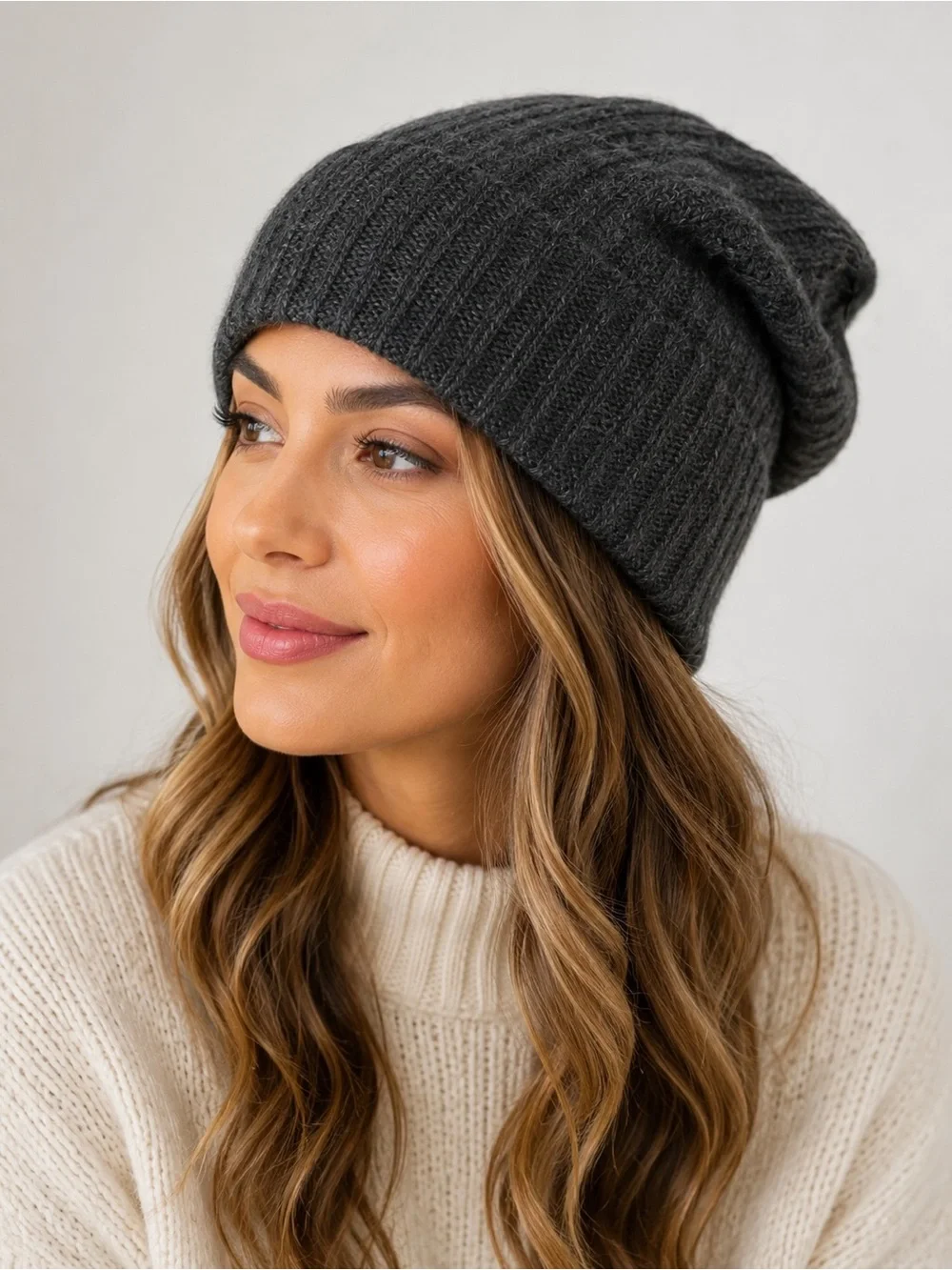 Nordstrom Rack 100% Cashmere Ribbed Slouchy Beanie Hat Charcoal Heather NWOT